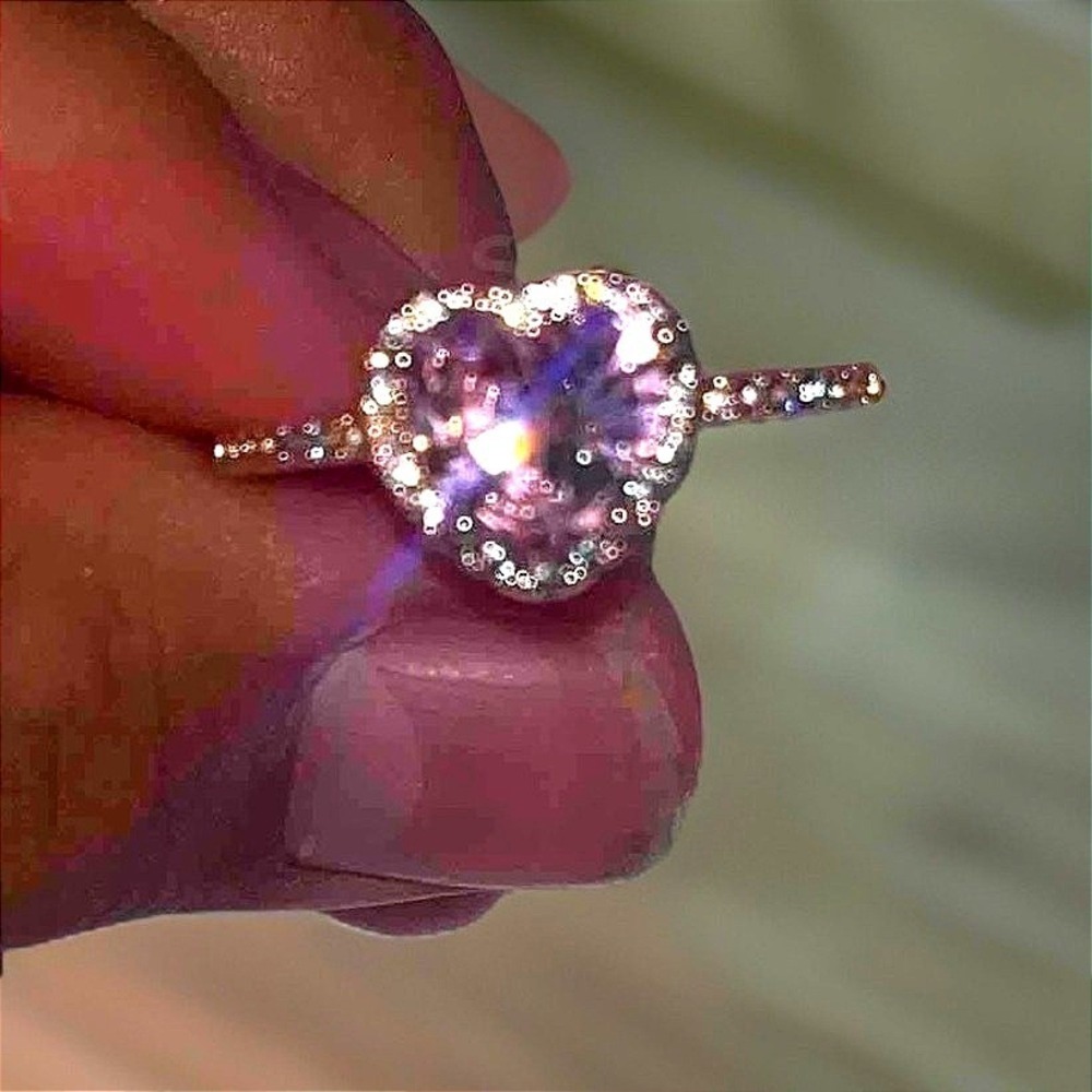 New Size 7 Pink Heart Shaped Ring Gold Clear White Cubic Zirconia Love